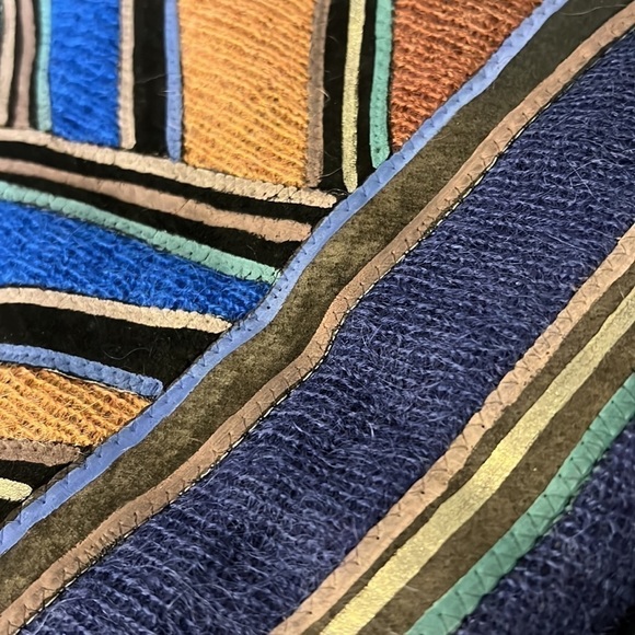 Penny Lane handpainted boho coat, mohair & leather mongolian fur shaggy collar,L - Picture 8 of 15